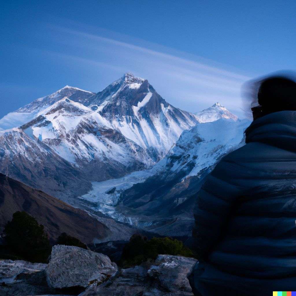 someone gazing at Mount Everest, photograph, slow shutter speed, 1s